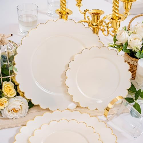 LIYH 210Pcs Ivory Scalloped Plastic Plates, Gold Rim Dinnerware Set Party - Image 4