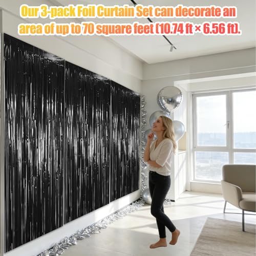 3 Pack 3.28ft x 6.56ft Glitter Black Tinsel Foil Fringe Curtains, Photo Booth Backdrop Party Decorations for Birthday Wedding Baby Shower Graduation Bachelorette New Years - Image 3