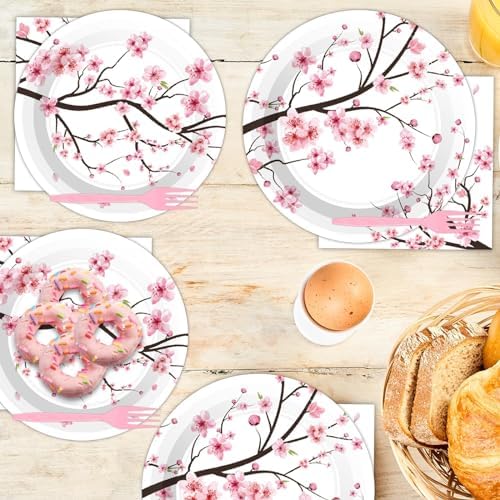 Qyeahkj 100 PCS Cherry Blossom Party Supplies Set Cherry Blossom Plates and Napkins Japanese Disposable Paper Party Tableware Forks Packs Decorations for Hibachi Spring Birthday Decoration Serve 25 - Image 5
