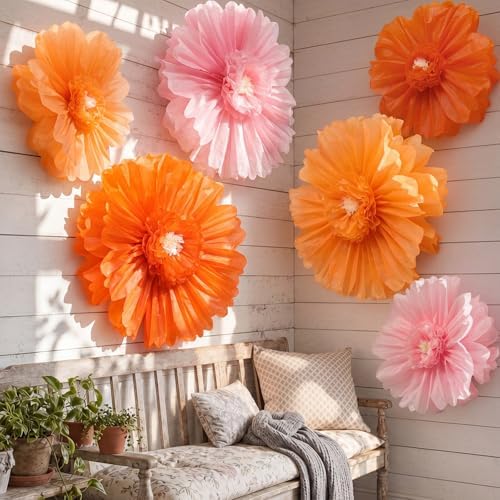 Giegxin 6 Pcs 31.5", 24" Pink Orange Paper Flowers Sunset Party Decor - Image 6