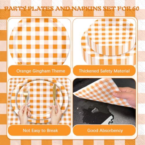 180Pcs Orange Gingham Party Supplies Paper Plates and Napkins Serve 60 - Image 3