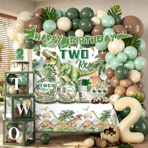 286 pcs Two Rex Birthday Decorations Boy, All-in-One Dinosaur 2nd Birthday Decorations Set for 25 Guests with Balloon Arch, Candle, Banner, Tablecloth, Backdrop, Cupcake Toppers, Thick Plates by cocomigoPartyHome
