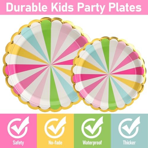 96PCS Colorful Party Paper Plates with Gold Scalloped Edge, Colorful Scalloped 9inch 7inch Dessert Paper Plates Party Supplies for Birthday Bridal Shower Picnic, Serve for 24 Guests, Striped - Image 4