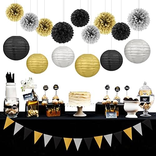 Black Silver Gold Party Decorations - 15Pcs Paper Flowers Tissue Pom Poms Paper Lanterns Graduation Hanging Decor Retirement Decoration 50th 80th 90th Men Birthday Anniversary HongTongTong - Image 4