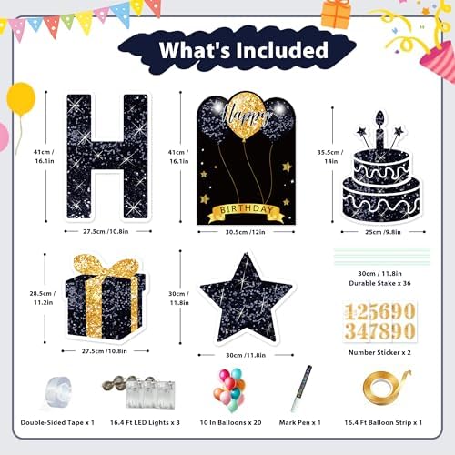 18 Pcs Happy Birthday Yard Sign with Stakes, Black Happy Birthday Yard Sign with 49.2 Ft LED Light, 16 In Large Personalized Happy Birthday Sign, Waterproof Lawn Garden Birthday Party Decorations - Image 2