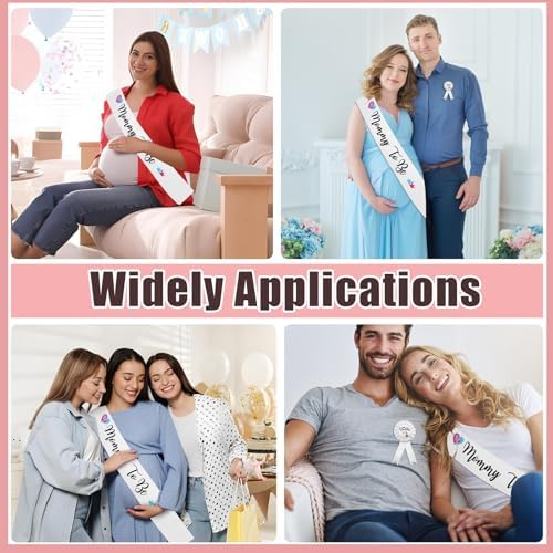 MILVOWOC 2 Pack Baby Shower Sash Set - White Satin Mommy to Be Sash & Daddy to Be Badge, Gender Reveal Gift & Pregnancy Party Decorations with Adjustable Ribbon, Baby Shower Decor - Image 5