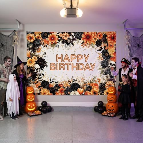 INRUI Halloween Gothic Skull Happy Birthday Backdrop 10x8FT - Image 3