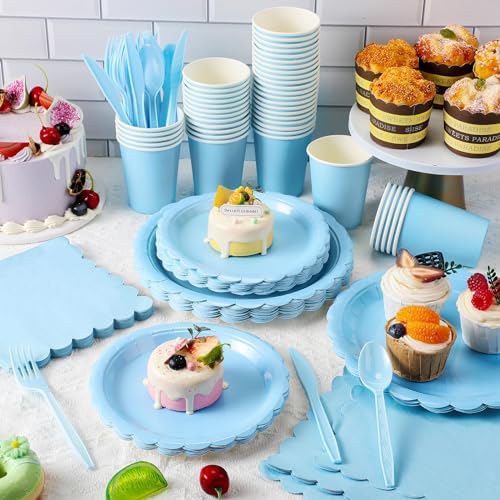 Tegeme 256 Pcs Light Blue Party Supplies Paper Plates Napkins Tablecloths Baby Blue Disposable Plastic Cups Forks Knives Spoons Serve 36 Guests for Birthday Baby Shower Wedding Dinnerware Decoration - Image 4