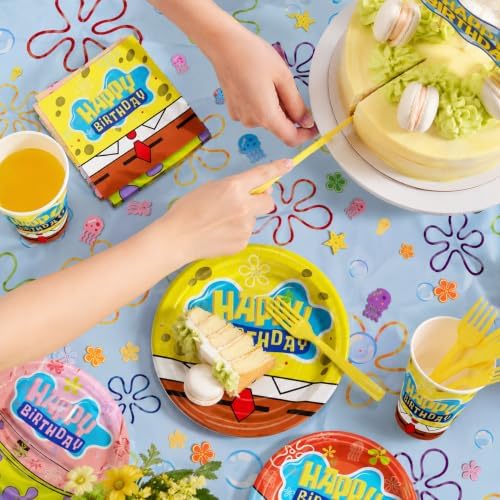 Yellow Cartoon Party Supplies Ocean Tableware Set for 20 Guests With Plates, Cups, Napkins, Banner, Tablecloth, Cake Toppers & Hanging Swirls for Kids Birthday Party Decorations - Image 4