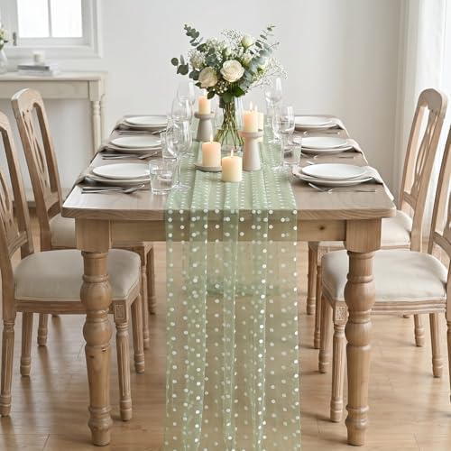 Artoid Mode Sage Green Gauze Flocking White Dots Table Runner 10FT,Spring Sheer Dining Table Decor for Wedding Anniversary Holiday Birthday Home Party - Image 2