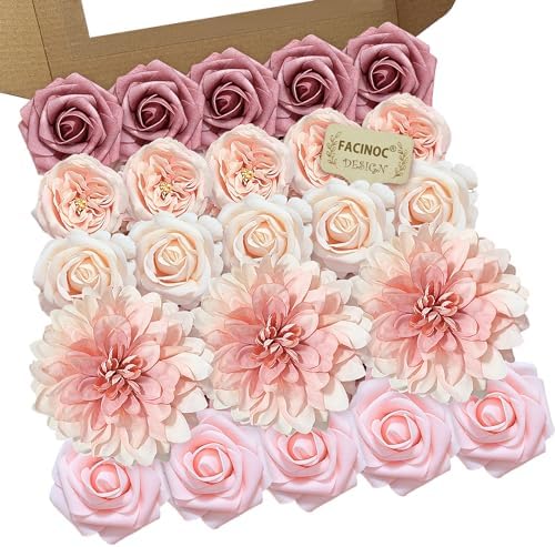 FACINOC Pink Roses Artificial Flowers Dusty Blush Fake Flower Bulk Box Set by FACINOC