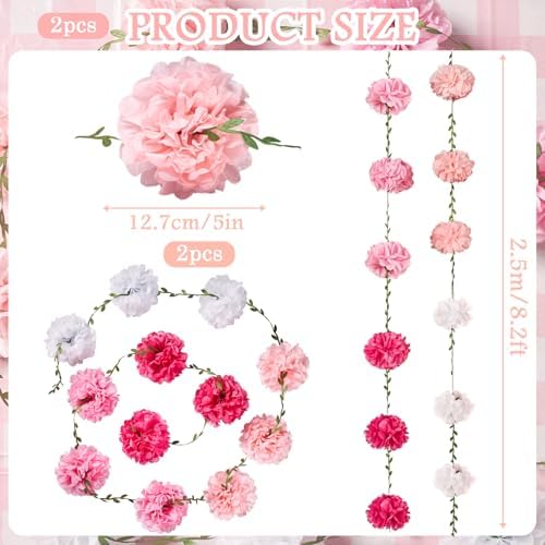 Gradient Pink Tissue Paper Pom Pom Garlands, Paper Flowers for Birthday Decorations, Baby Shower, Wedding Engagement, Bridal Shower, Spring Summer Party Decorations, 2 Pcs - Image 2