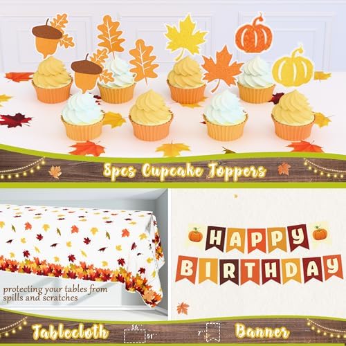 Fall Birthday Party Decorations, Orange Green Pumpkin Fall Birthday Supplies, Thanksgving Party Kit Autumn Maple Leaf Backdrop Balloon Arch Banner Tabelcloth Harvest Party Decorations - Image 4