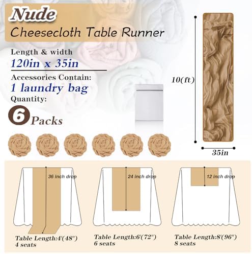 Nude Cheesecloth Table Runner 6 Pack 35" Boho Gauze Runner 120 inches Long Tablecloth Runner Rustic Sheer Fabric Bulk for Baby Shower Wedding Bridal Birthday Party Picnic Table Decorations - Image 2
