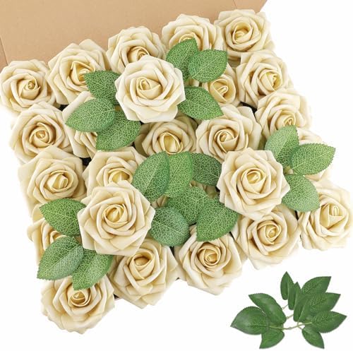 AmyHomie Beige Rose 25pcs Real Looking Artificial Flowers w/Stem by AmyHomie
