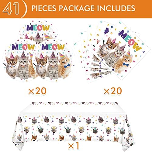 41Pcs Cat Theme Party Supplies - Kitten Birthday Party Decorations Include 20 Paper Plates, 20 Napkins and 1 Tablecloth - Image 2