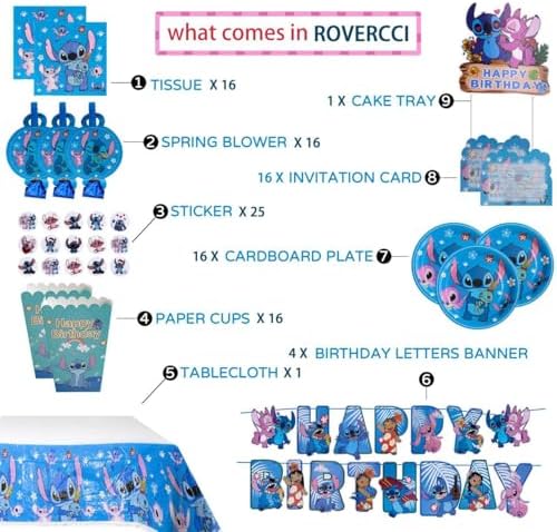 Stitch kids Birthday Party Supplies decoration Set – 125PCS, for16 Guests,1Tablecloth,16 Plates,16Napkins, Banner, Stickers, Cake Topper,16 Invitations card with envolopes,16 Blowouts &16Popcorn Boxes - Image 3