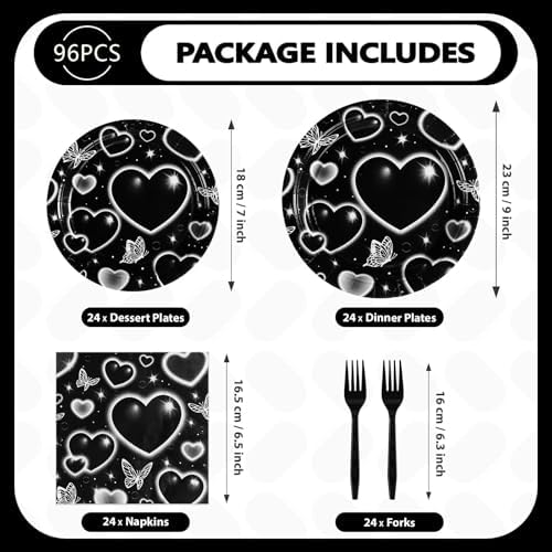 Grencian 96Pcs 2000s Black Heart Y2k Party Themed Decorations, Serve 24 - Image 5