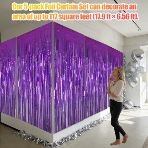 5 Pack 3.28ft x 6.56ft Purple Metallic Tinsel Foil Fringe Curtains, Photo Booth Backdrop Party Decorations for Birthday Wedding Baby Shower Graduation Bachelorette New Years - Image 3