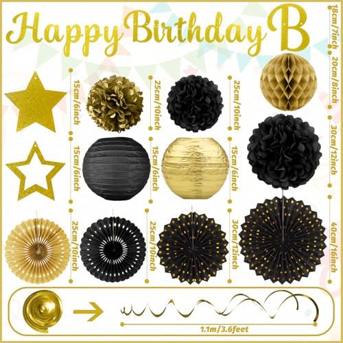 Black Gold Birthday Party-Decorations - 29pcs Black Gold Party Decorations for Men Women, Happy Birthday Banner Paper Streamers Lanterns Tissue Pom Poms - ZERODECO - Image 3