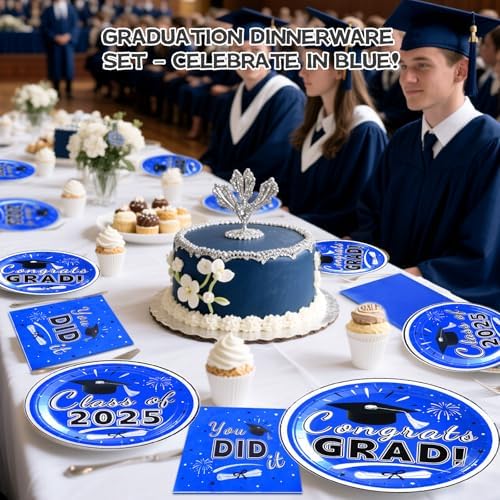 Graduation Plates and Napkins 2025 – 200PCS Blue Graduation Party Decorations Pack, Disposable Paper Plates & Napkins for 50 Guests – Perfect for 2025 Congrats Grad Party Supplies - Image 7