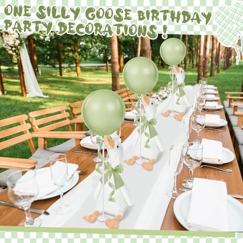 Chunful 6 Set Sage Green One Silly Goose 1st Birthday Decoration 11.8 Inch Soft Goose Stuffed Animal Baby Shower Centerpieces Swan Stuffed Animal with Balloon Table Decor for Wedding Gift Party Favor - Image 3