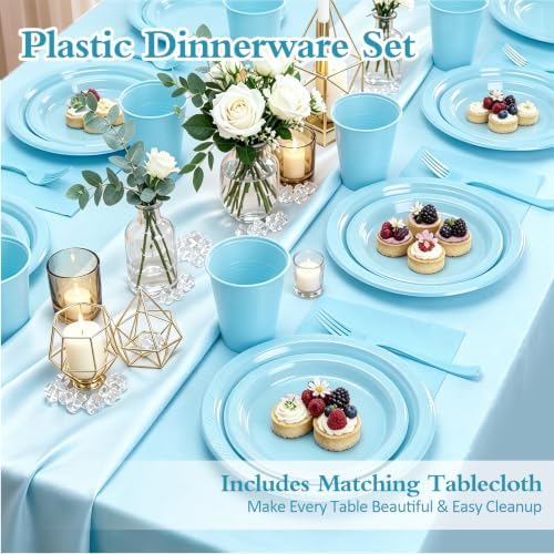 Light Blue Plastic Plates Party Set 30 Guests for Wedding Birthday - Image 2