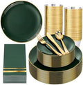 NOCCUR 350PCS Green Plastic Plates - Disposable Green Gold Dinnerware Set for 50 Guests, 100 Dinner/Dessert Plates, 150 Gold Silverware, 50 Cups&50 Napkins for Party ＆ Wedding ＆ World Cup 2026 by NOCCUR