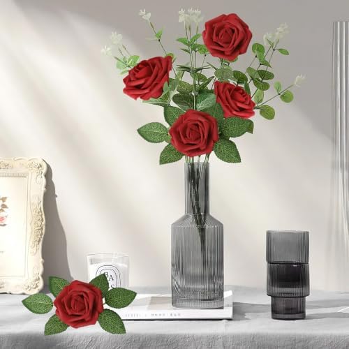 AmyHomie Dark Red Rose 50pcs Real Looking Artificial Flowers w/Stem - Image 6