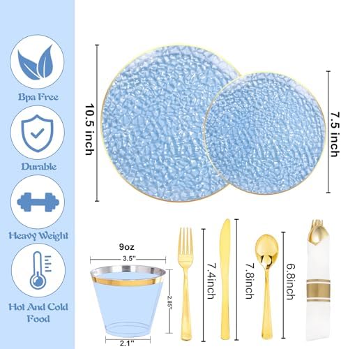 Rubtlamp 100 Guest Blue Gold Plastic Dinnerware Set,Clear Blue Disposable With Gold Rim, Hammer Fancy Party Plates Include 100Dinner Platos,100Cake Platos,100Cups,100 Pre Rolled gold Cutlery - Image 2