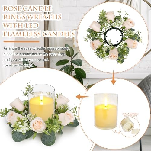 Artificial Roses Candle Rings with Candles, 2 Sets, Champagne - Image 3