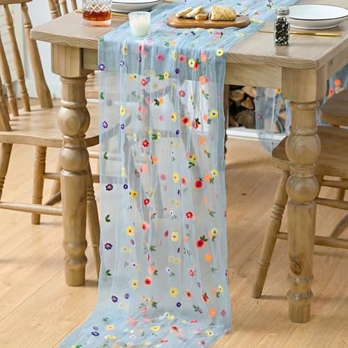 Artoid Mode Blue Embroidery Daisy Gauze Table Runner 120 Inch 10FT - Image 4