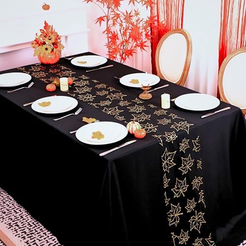 Snowkingdom Fall Table Runners, Gold Maple Leaves Thanksgiving Table Decorations for Autumn Harvest Sequin Glitter Lightweight Black Thin Mesh Sparkle Farmhouse Dining Party Decor 120 Inch - Image 2