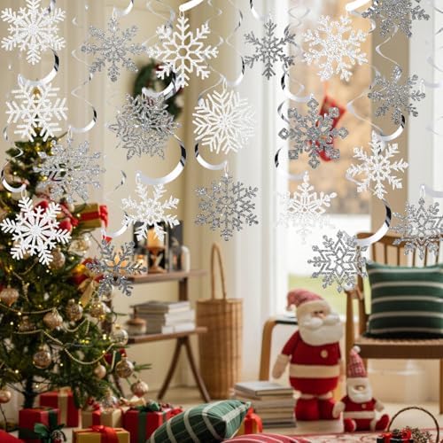 Snowflake Decorations, Christmas Hanging Decor, White Silver, 48-Pc - Image 6