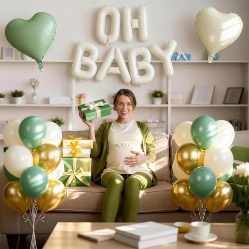 Sage Green Cream Baby Shower Decorations, Welcome OH BABY Letter Foil Balloons Banner Backdrop with Olive Green Gold Beige Latex & Heart Balloon Set for Boho Newborn Babyboy Babygirl Party Decor - Image 6