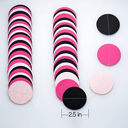 WEVEN Hot Pink Black Iridescent Glitter Paper Garland Circle Dot Streamers Party Banner for Birthday Decorations Supplies, 2.5" in Diameter, 20 Feet in Total - Image 3