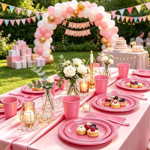 Hot Pink Plastic Party Plates Set 50 Guest Disposable Pink Party Supplies - Image 5