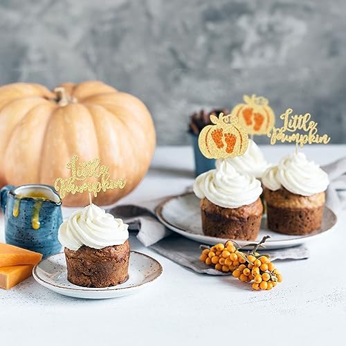 Ephlyn 24Pcs Little Pumpkin Cupcake Toppers Glitter Pumpkin Cupcake Picks Little Pumpkin Baby Shower Decorations Fall Harvest Theme Baby Shower Kids Birthday Party Supplies Gold - Image 5