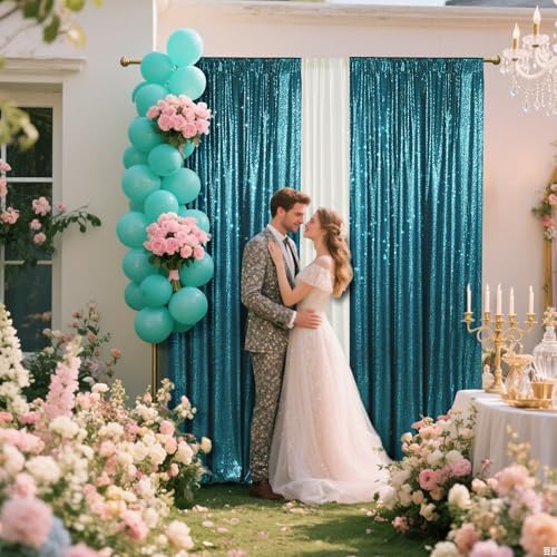 PartyDelight Teal Sequin Backdrop Curtains 2x8ft 2 Panels - Image 3