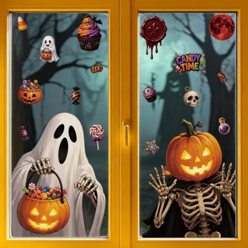 2 Sheets Halloween Window Clings Decorations Ghost Skeleton Pumpkin Window Stickers Static Spooky Glass Window Sticker Decals for Home Office Classroom Party Haunted House Seasonal Decor by Unknown