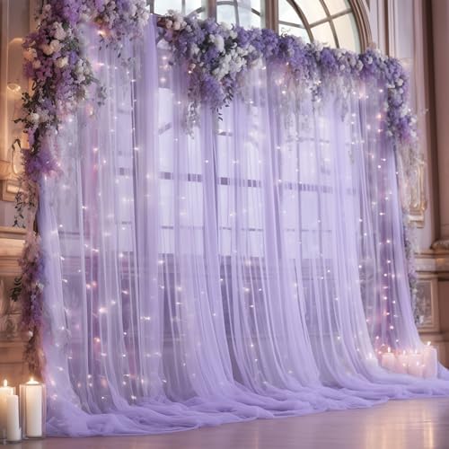 10ft x 10ft Purple Backdrop Curtain with Lights String for Parties, Sheer Tulle Wedding Photo Backdrops Drapes for Purple Birthday Party Decorations Background for Photography by Shillance