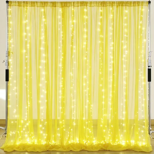 10×10ft Yellow Tulle Backdrop Curtain with Lights String for Parties, Sheer Curtain Backdrop Drapes for Wedding Party Photography Background by WishCare