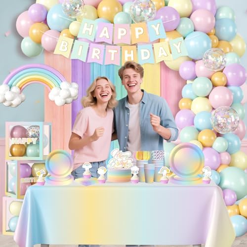 Pastel Rainbow Birthday Decorations Rainbow Theme Banner Balloon Arch Garland Streamer Backdrop, Pastel Rainbow Plates and Napkins with 2 Pcs Pastel Table Cloths - Image 7