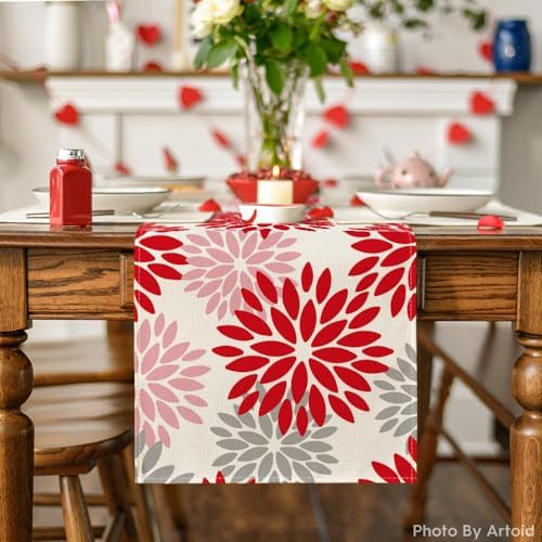 Artoid Mode Red Pink Dahlia Floral Pinnata Christmas Table Runner, Valentine Summer Kitchen Dining Table Decoration for Home Party Decor 13x90 Inch - Image 2