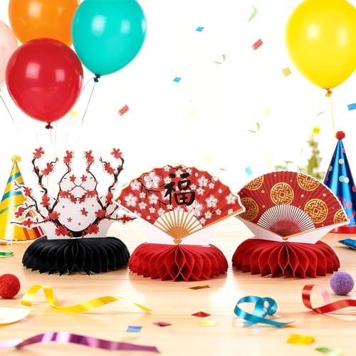Pickmesh 12 Pieces Hibachi Birthday Party Decorations Honeycomb Centerpieces Japanese Paper Fans Table Decorations Cherry Blossom Table Topper for Japanese Party Supplies - Image 3