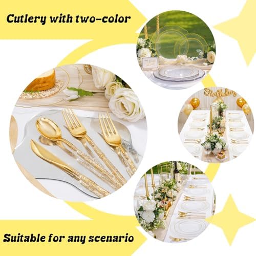 Liacere 150PCS Clear Gold Plastic Plates - Disposable Plastic Silverware with Glitter Bamboo Handle Cutlery-Baroque Clear Gold Disposable Plates for Wedding & Party & Thanksgiving & Fall Party - Image 5