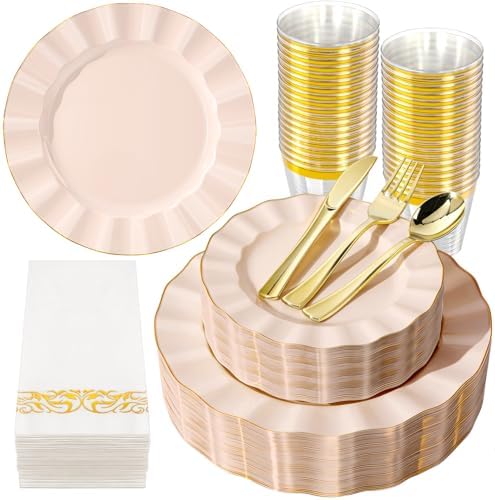 175PCS Pink Plastic Dinnerware Set, Wavy Plates for 25 Guests by QualQuot