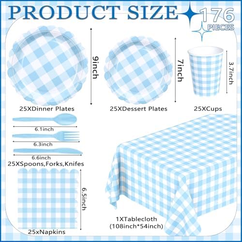 WNINK 176 PCS Light Blue Gingham Plates and Napkins, Blue Checkered Disposable Plates Set with Napkins Cups Plastic Spoons Forks Knives for Dinner Birthday Baby Shower Wedding Supplies Serve 25 Guests - Image 5