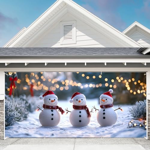 6 x 13 ft Christmas Garage Door Decorations Merry Christmas decorations Xmas Garage Door Cover, Happy New Year Hanging Banner for Home,Outdoor,Indoor,Party (Three Snowmen, 6 x 13 ft) - Image 2