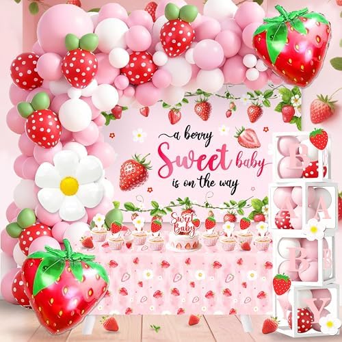 96Pcs Strawberry Baby Shower Decorations for Girl, Berry Sweet Theme Party Supplies with 4 Baby Boxes, 5x3ft Backdrop, Red Pink Balloon Garland Arch & Tablecloth for Summer Fruit Decor by Jenlion